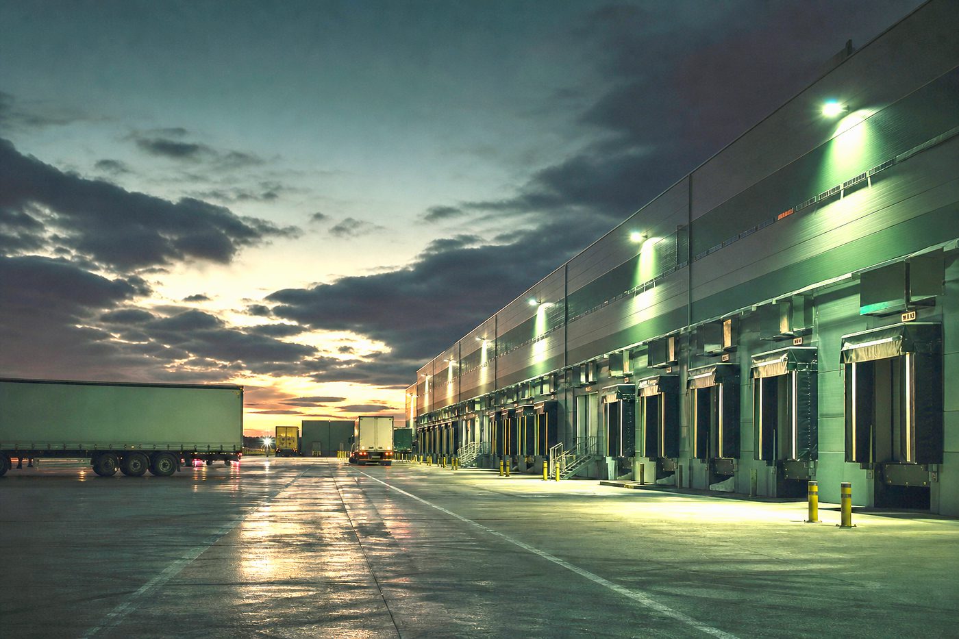 Logistics terminal loading docks at dusk